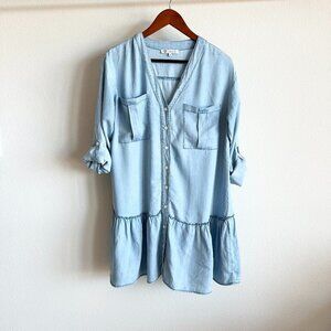 Cezele Chambray Light Blue Long Sleeve Button Down Ruffle Hem Mini Dress
